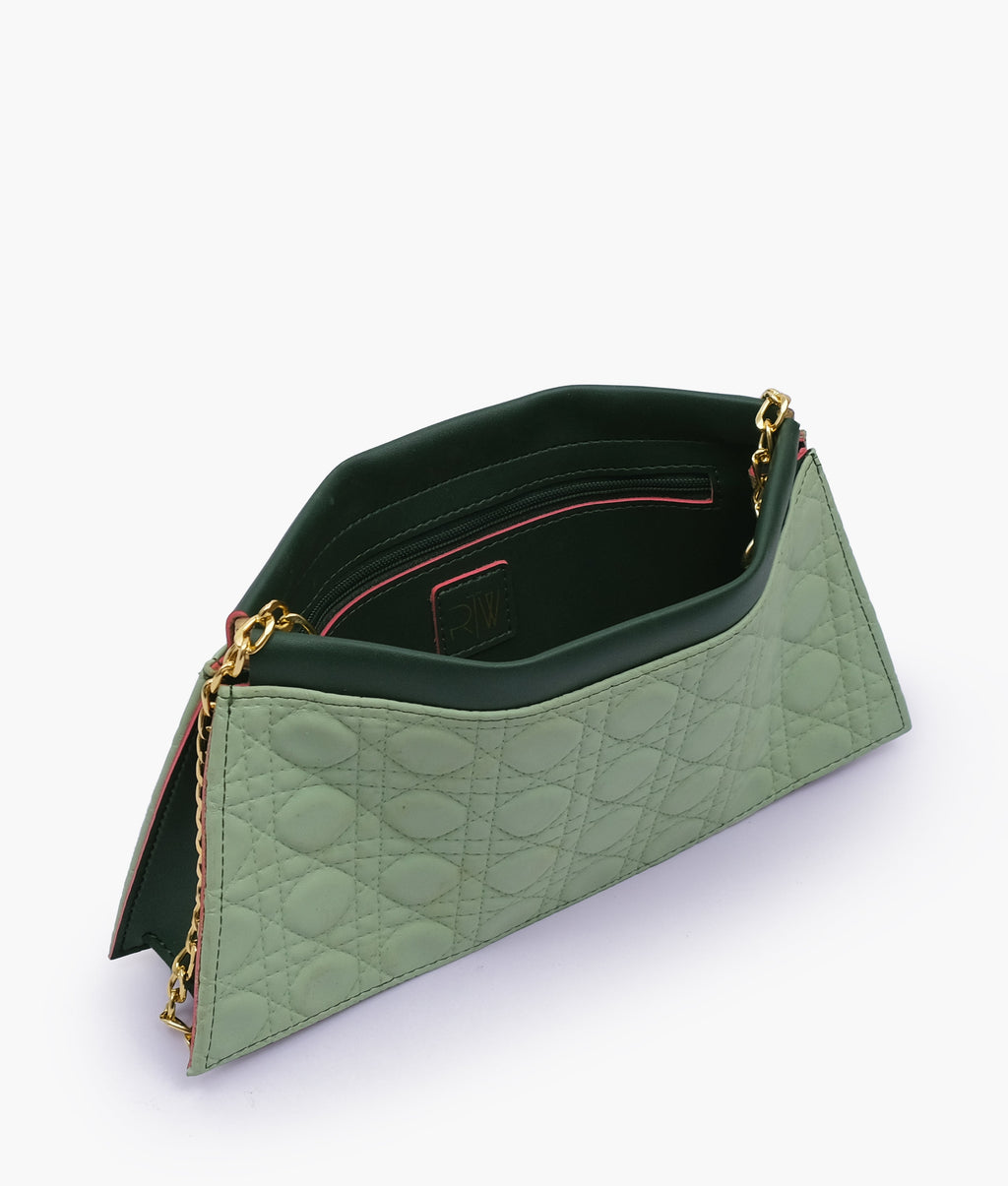 Army green quilted evening clutch with snap closure