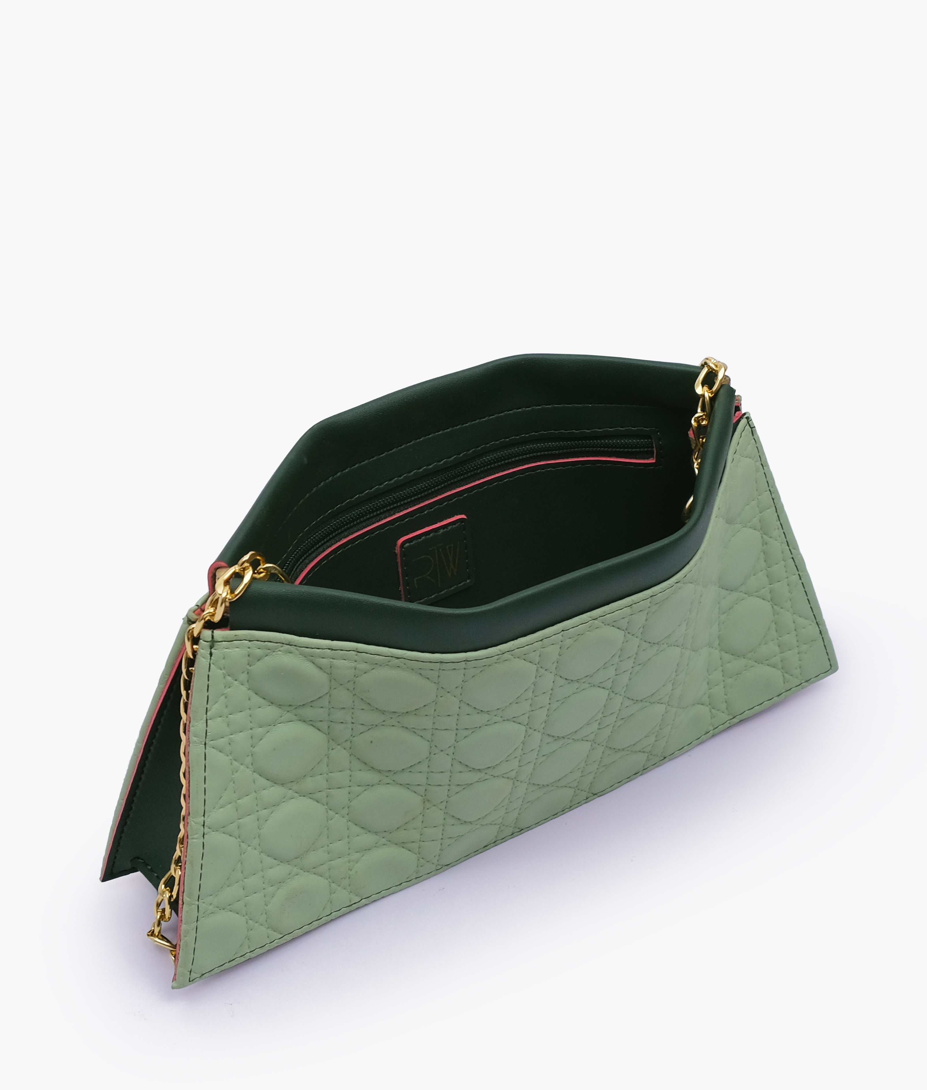 Army green quilted evening clutch with snap closure