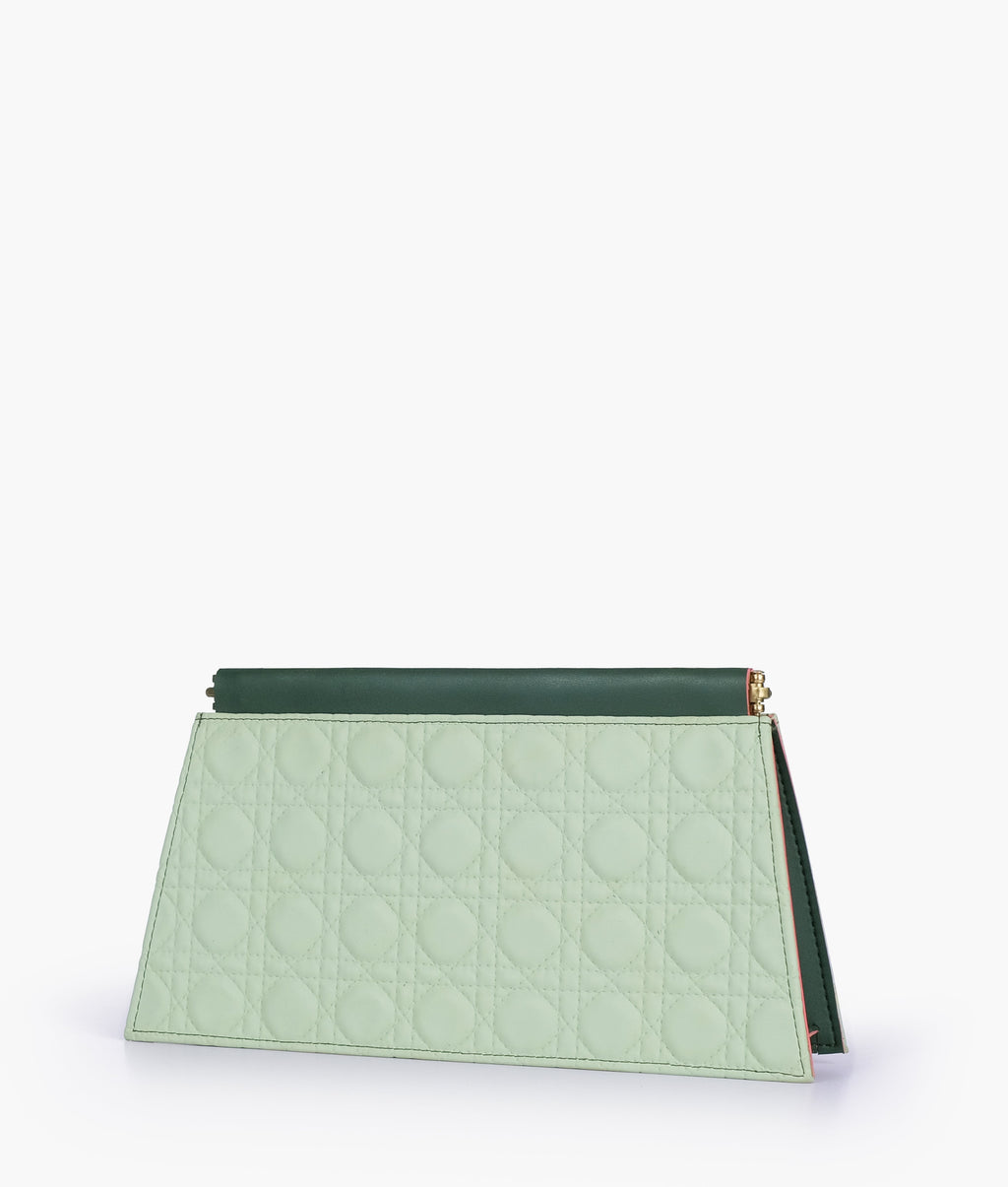 Army green quilted evening clutch with snap closure