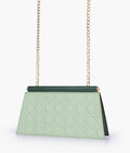 Army green quilted evening clutch with snap closure