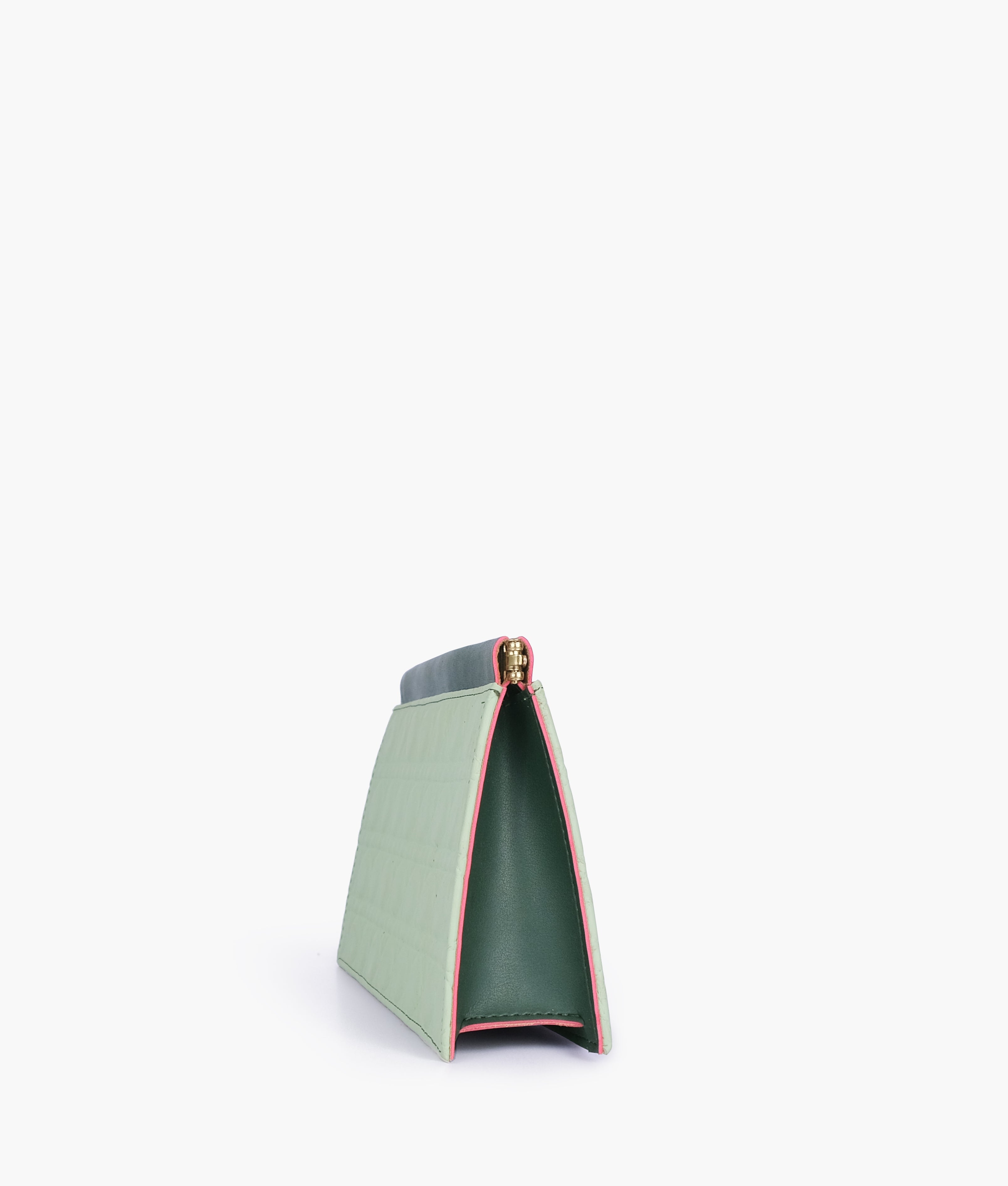 Army green quilted evening clutch with snap closure
