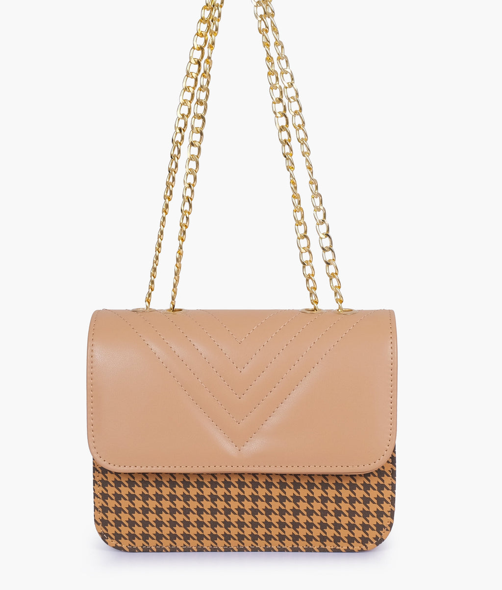 Beige houndstooth chain cross-body bag