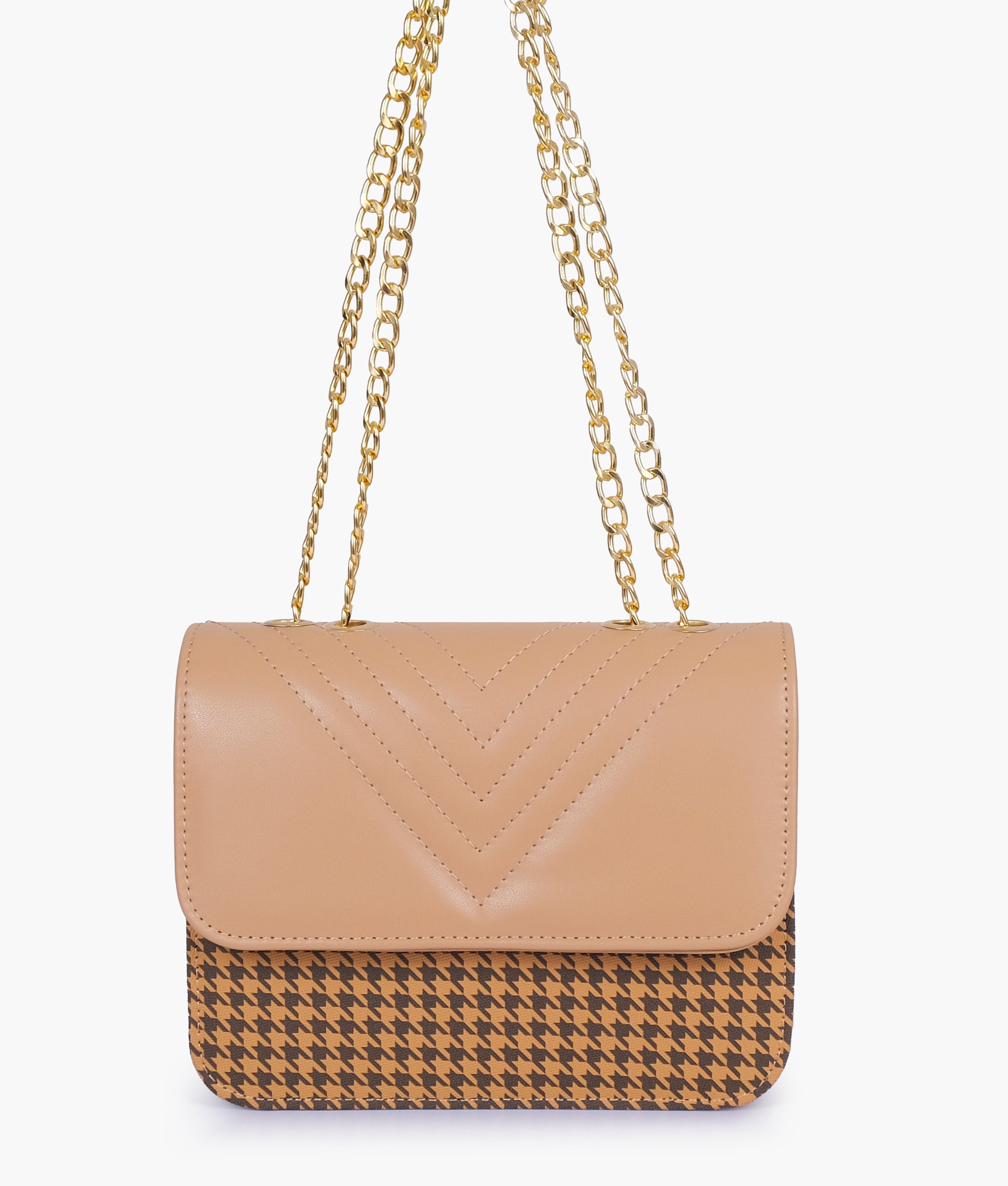 Beige houndstooth chain cross-body bag