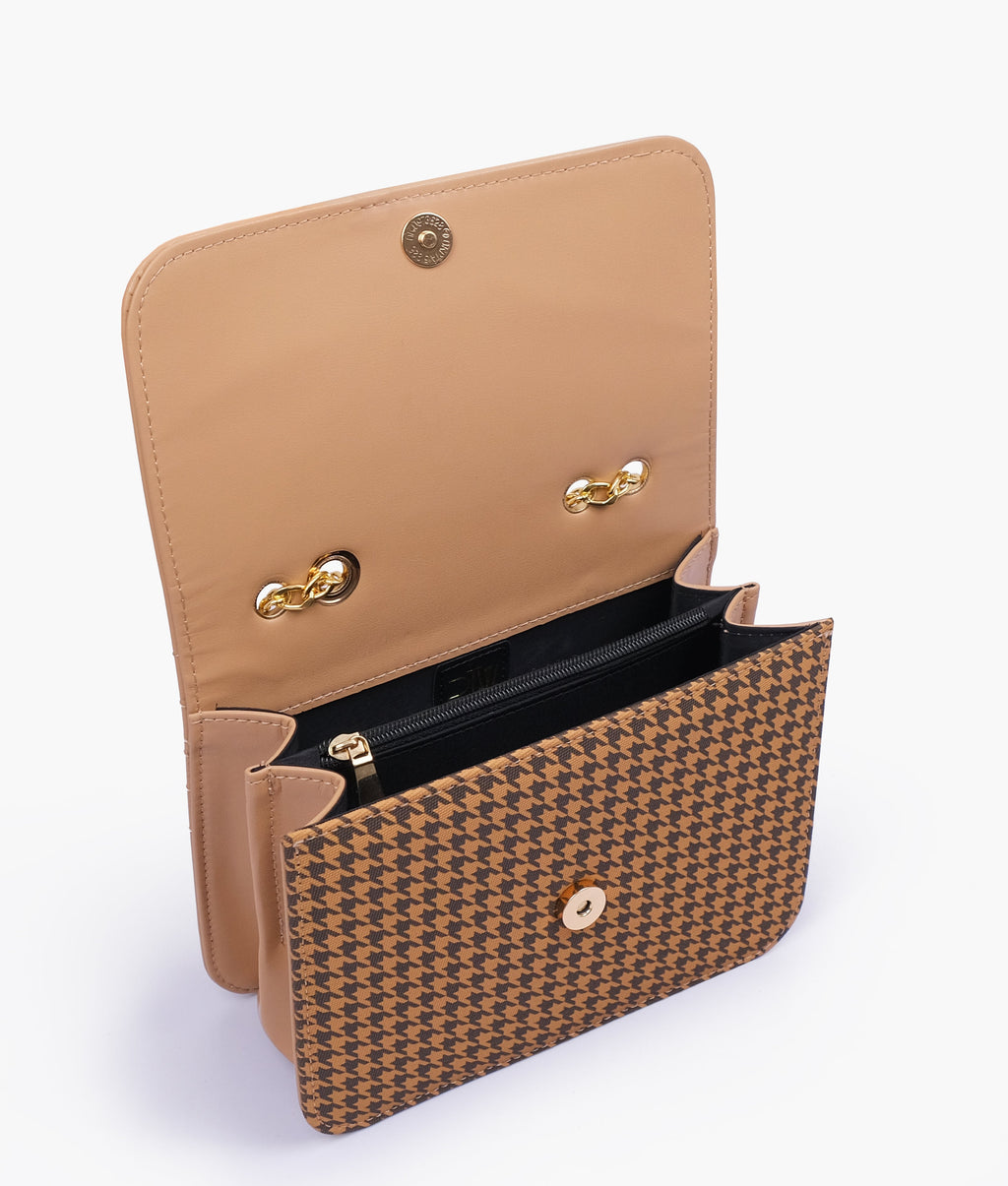 Beige houndstooth chain cross-body bag