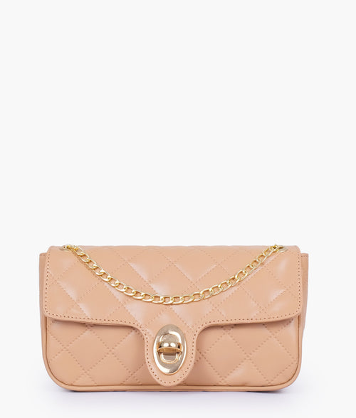 Beige quilted small shoulder bag with chain
