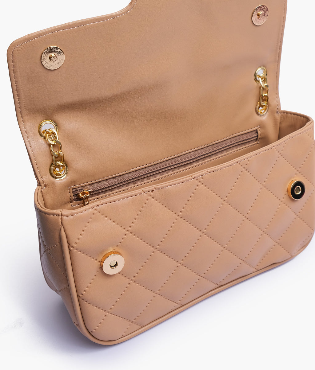 Beige quilted small shoulder bag with chain