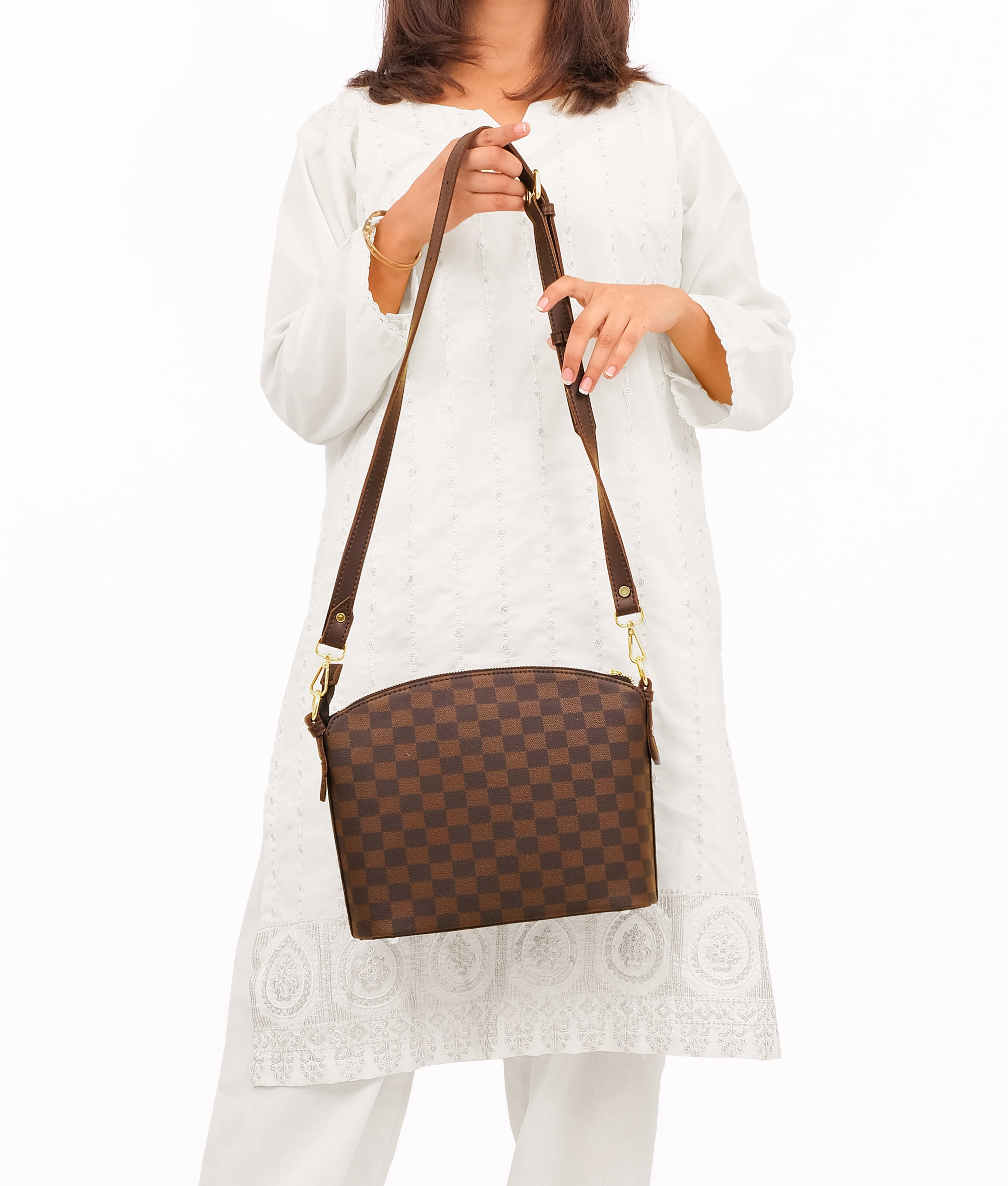Dark brown checkered dome cross-body bag