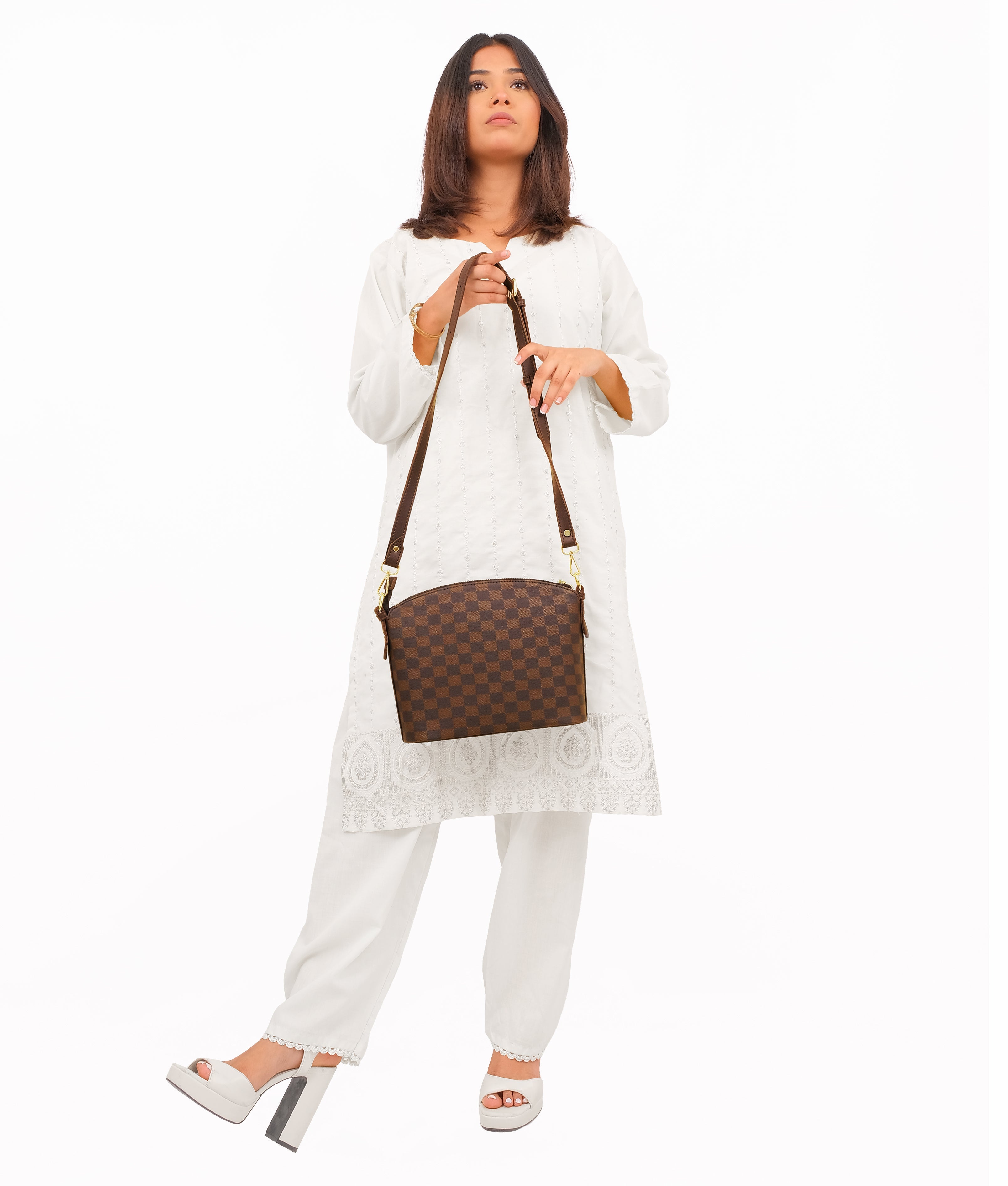 Dark brown checkered dome cross-body bag