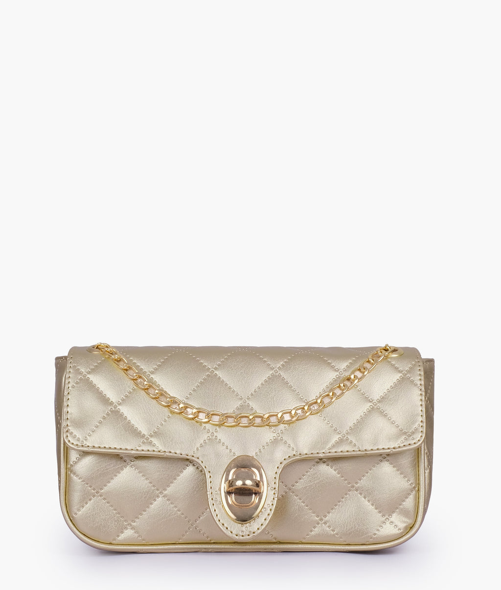 Golden quilted small shoulder bag with chain