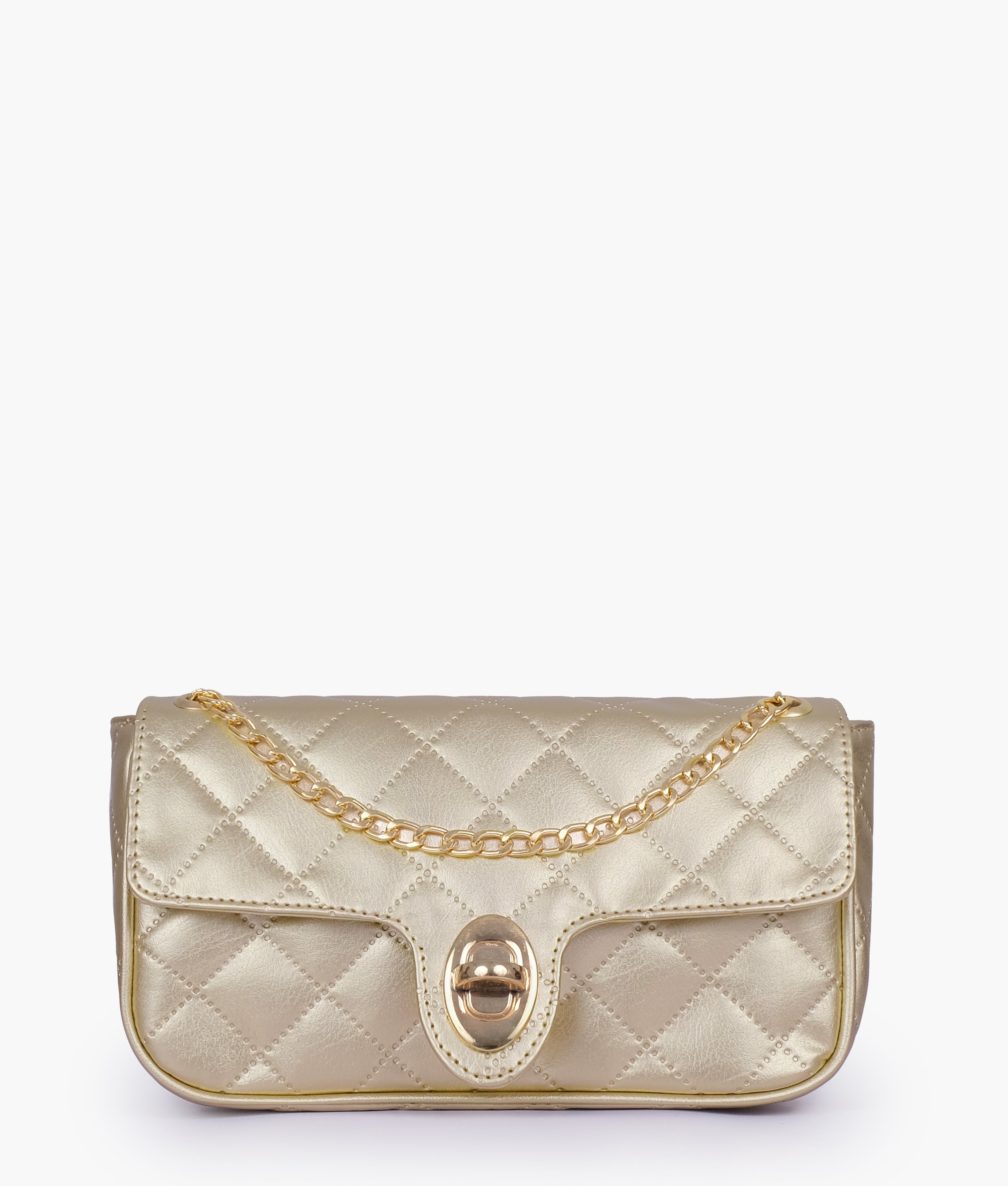Golden quilted small shoulder bag with chain
