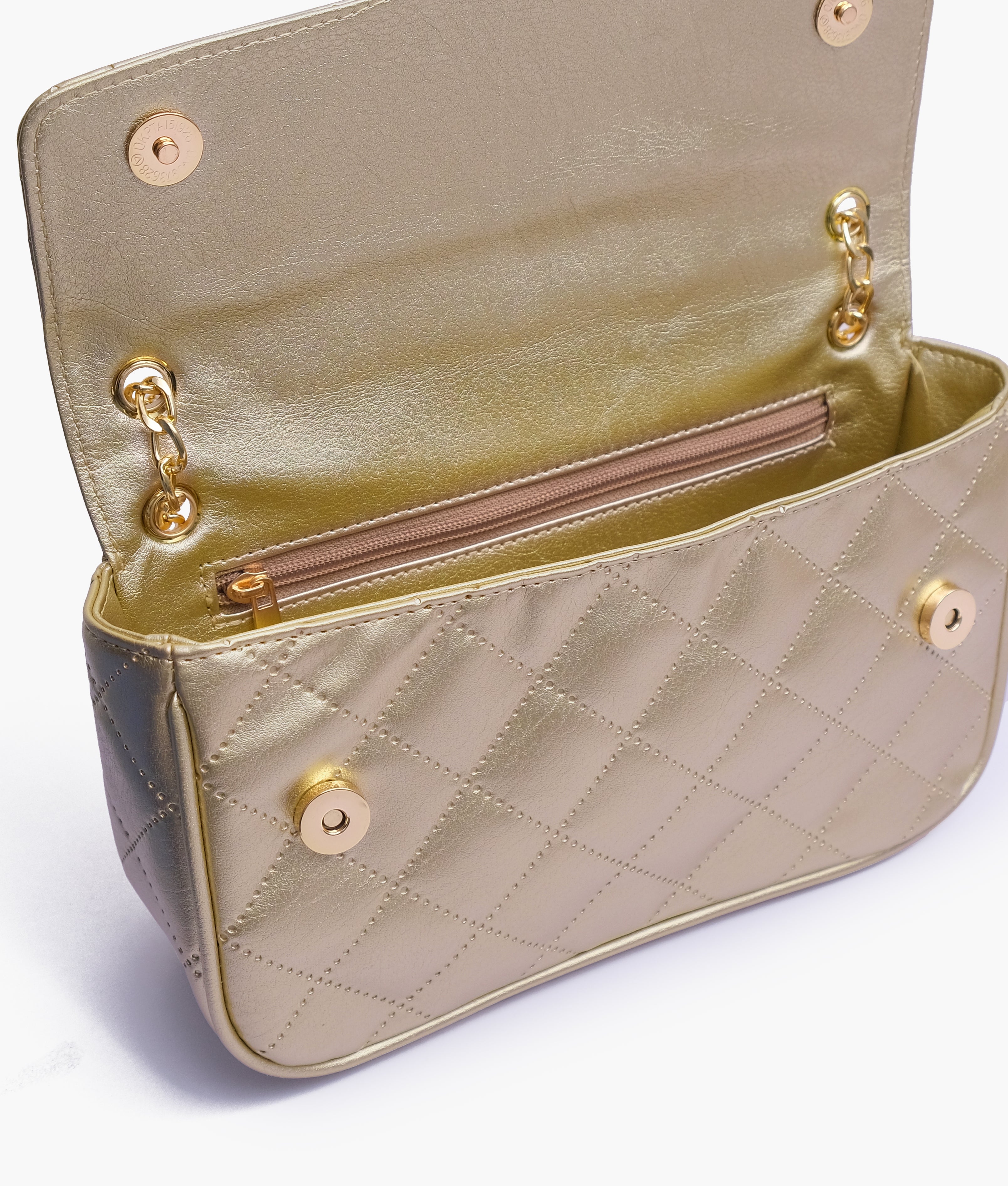 Golden quilted small shoulder bag with chain