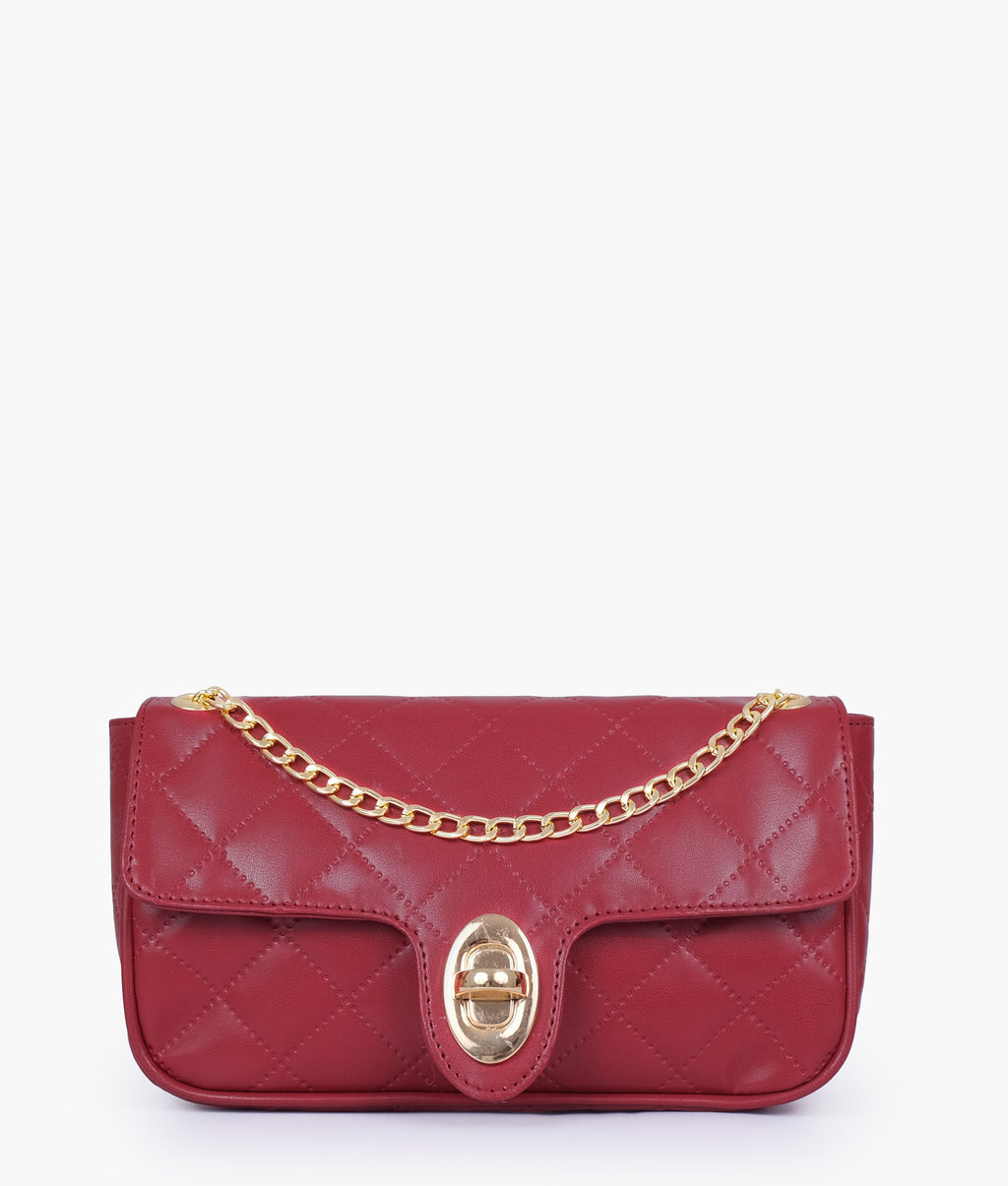 Maroon quilted small shoulder bag with chain