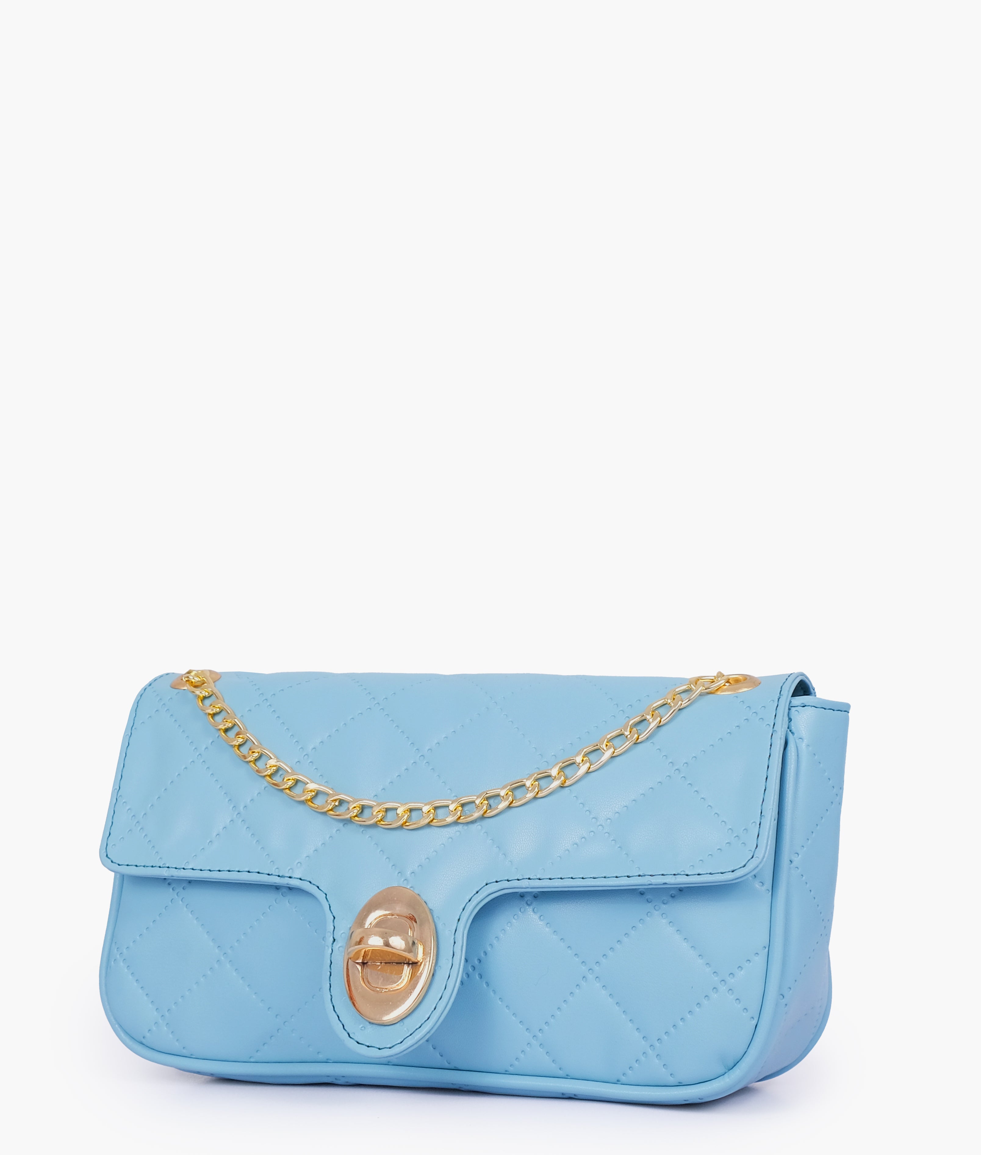 Sky blue quilted small shoulder bag with chain